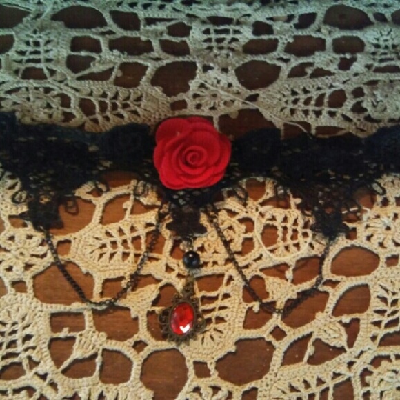 Victorian Choker Red Rose and Black lace