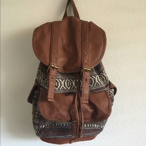 Aztec print and brown leather back pack