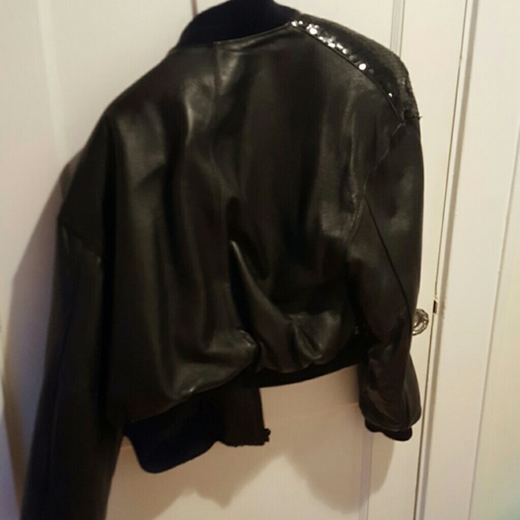 🔥SALE🔥Vintage Leather Sequined Bomber Jacket - Picture 2 of 4
