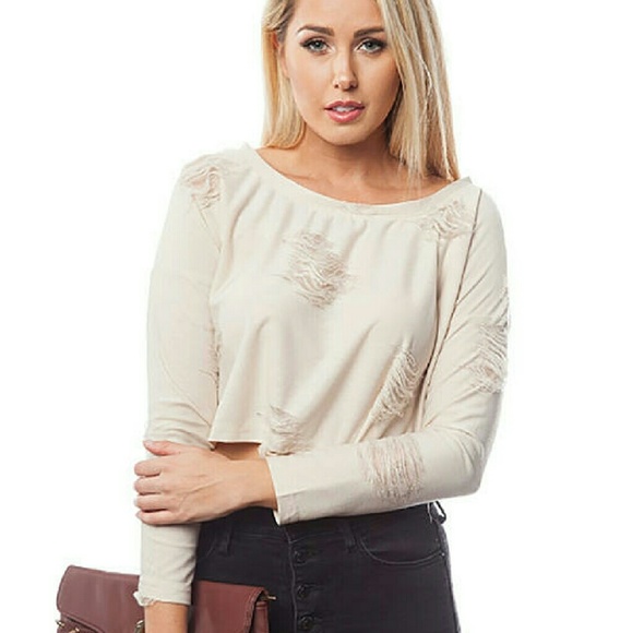Distressed Shredded Longe Sleeve Sweater Crop Top