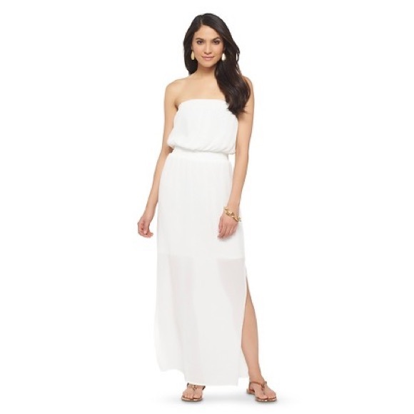 strapless maxi dress with slits