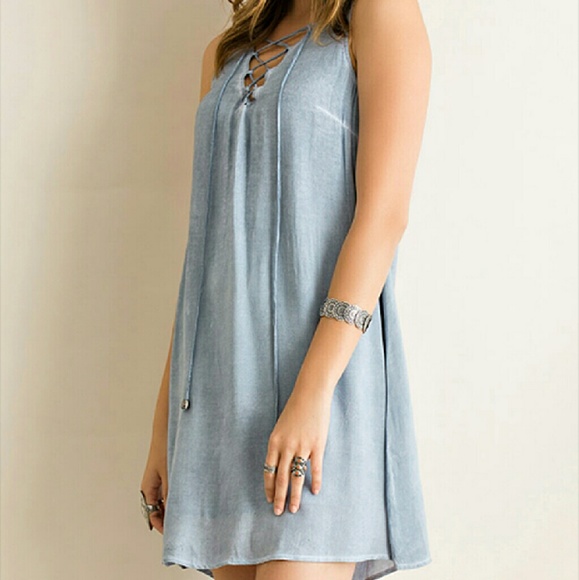 Lace Up Blue Washed Shift Dress - Picture 2 of 4
