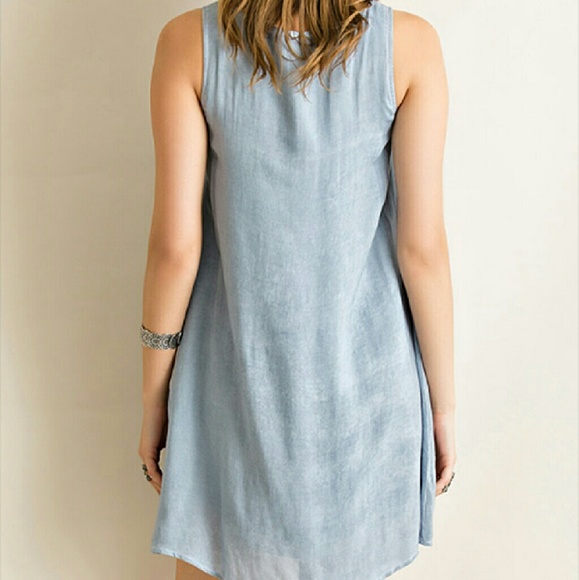 Lace Up Blue Washed Shift Dress - Picture 3 of 4