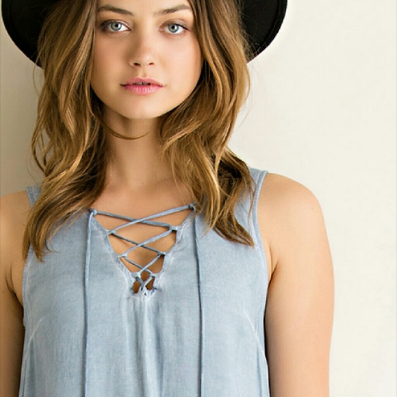 Lace Up Blue Washed Shift Dress - Picture 4 of 4