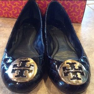 Tory Burch Quinn Patent Quilted Black Flats