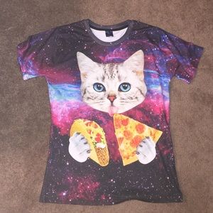 Galaxy cat enjoying pizza and tacos tee