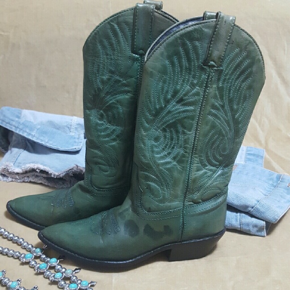 Sage Green Western Heavily Stitched Cowgirl Boots