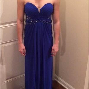 Blue strapless formal floor length dress