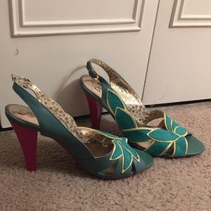 Poetic license teal, gold, and hot pink heels