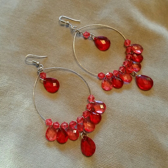 Pink and red jewel hoop earrings