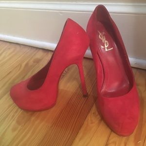 YSL red suede closed toe pumps