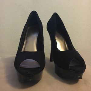 Black Suede Peep Toe Platforms