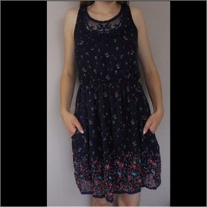 Dark Blue Floral Party Dress with Pockets