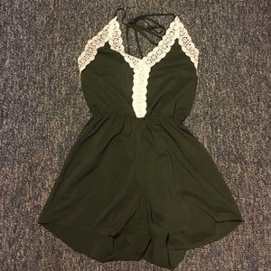 Olive green and white lace romper