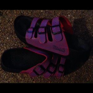 Red and blue Birkenstocks