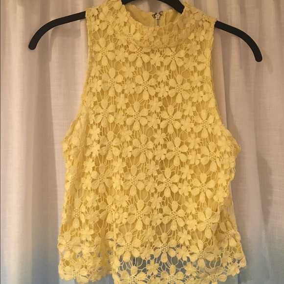 Yellow lace high neck crop top with back zipper
