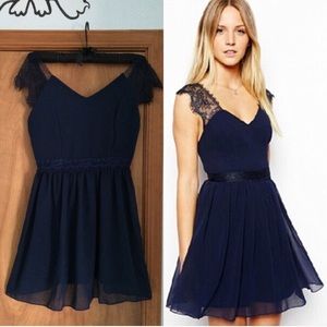 Navy Blue Lace Dress Low V Back