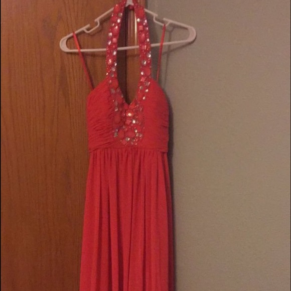 Long Coral red prom dress worn once!