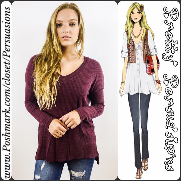 SOLD OUT‼️Striped Burgundy V-Neck Light Sweater - Picture 4 of 4