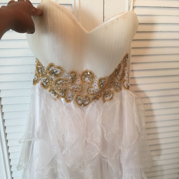 White prom dress; Gold beaded waist