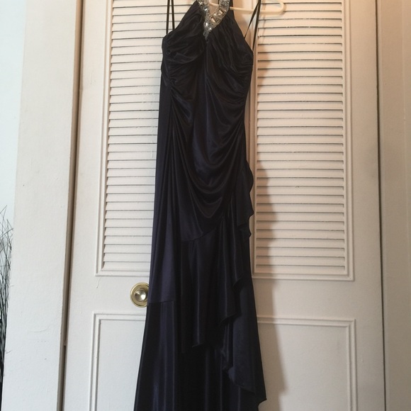 Blue dress with ruffles and bedazzled neckline