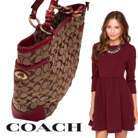 Coach Handbags - 🎉🎉HP 9/22/17🎉🎉COACH Tote w/Burgundy Leather Coach Handbags - 🎉🎉HP 9/22/17🎉🎉COACH Tote w/Burgundy Leather