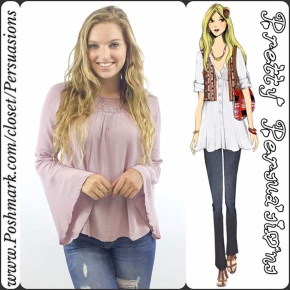 Pretty Persuasions Tops - SOLD Dusty Purple Bell Sleeve Lace Peasant Blouse
