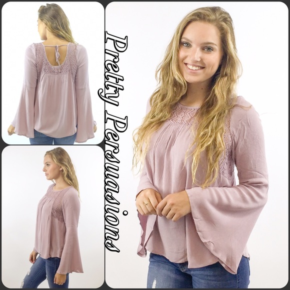SOLD Dusty Purple Bell Sleeve Lace Peasant Blouse - Picture 2 of 4