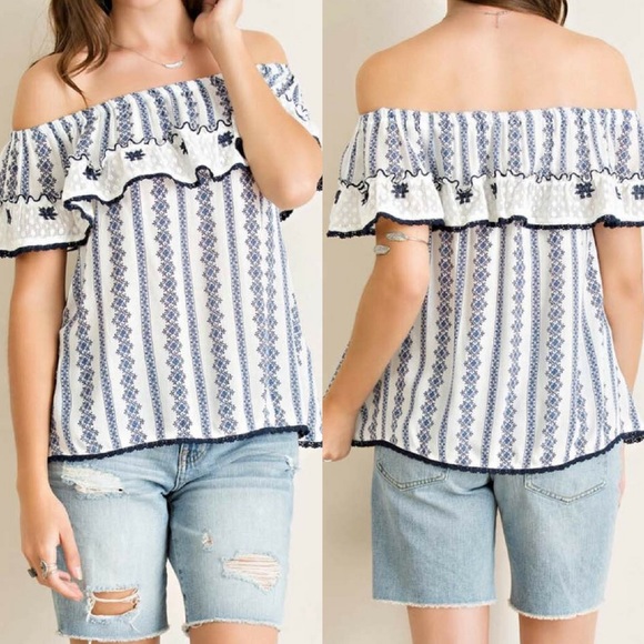 ‼️S & L only‼️Printed Off Shoulder Lace Ruffle Top - Picture 2 of 4