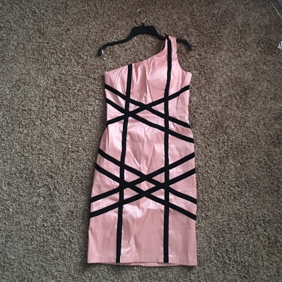 Pink One shoulder dress with black stripes
