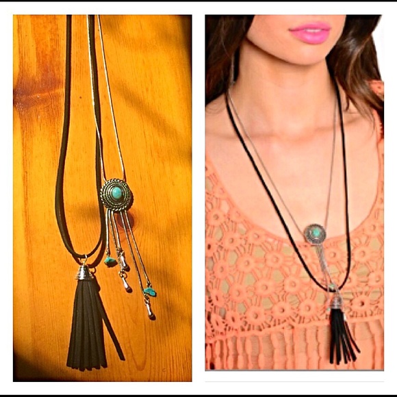 Layered Silver Black Tassel Turquoise Necklace - Picture 3 of 3