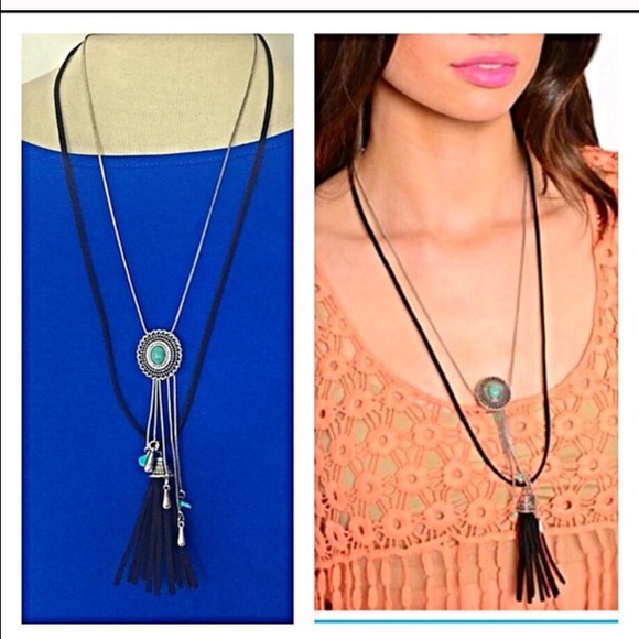 Layered Silver Black Tassel Turquoise Necklace - Picture 2 of 3