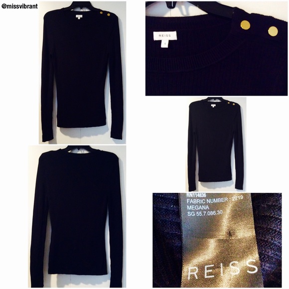 Reiss Brand, Black, L/S Knit Top, Gold Accents, SM