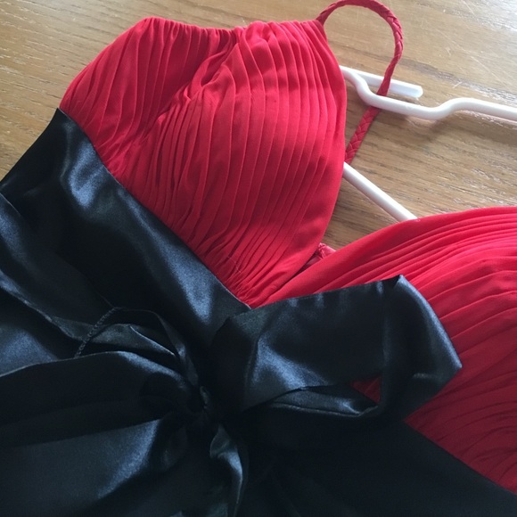 red and black semi formal dresses Simple Long A-line Black Lace Top Red Chiffon Sleeveless Charming Prom –  AlineBridal main image 0