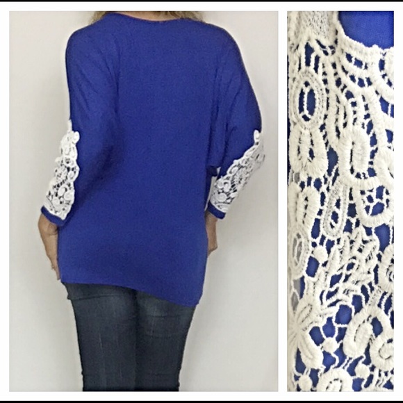 🎈SALE🎈Lovely Royal Blue Crochet Sleeve Top Small - Picture 3 of 4