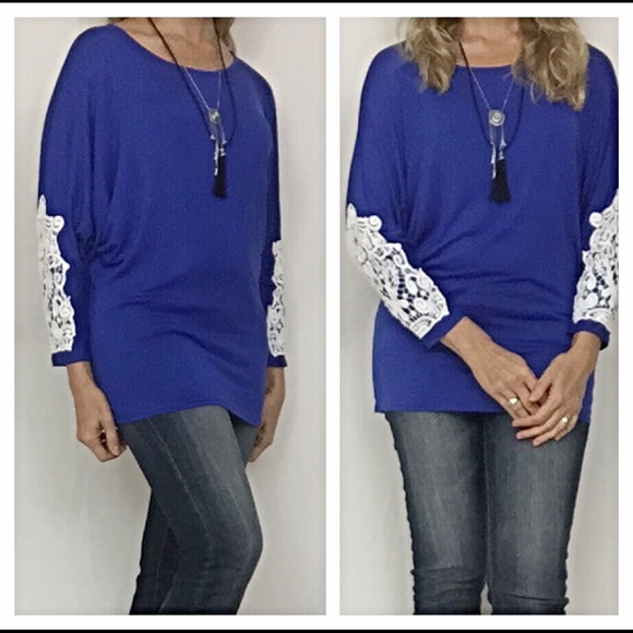 🎈SALE🎈Lovely Royal Blue Crochet Sleeve Top Small - Picture 4 of 4