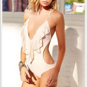 L Space 'sun setter' pink fringe front monokini