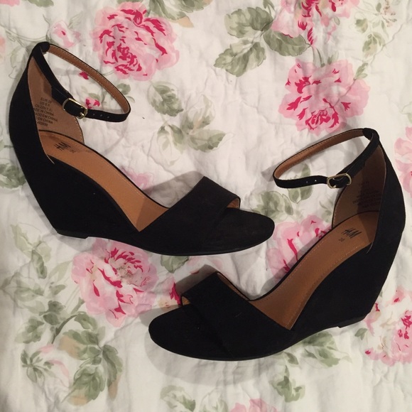H&M black suede wedge heels