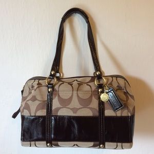 Coach Khaki Signature Stripe Canvas Patent Zip Bag