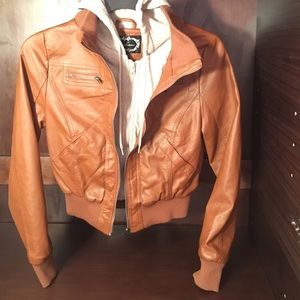Hooded faux leather bomber jacket