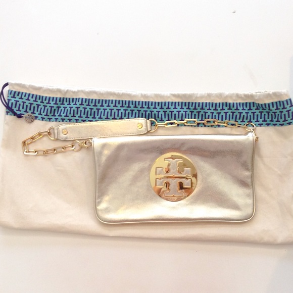 Tory Burch, Metallic Gold Clutch/Bag, Gold Chain.