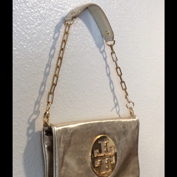 Tory Burch Metallic Embossed Snakeskin Leather Reva Clutch  Tory Burch, Metallic Gold Clutch/Bag, Gold Chain.
