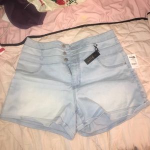 High waisted light blue jean shorts