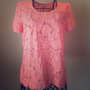 💟Coral crochet lace top with split open back