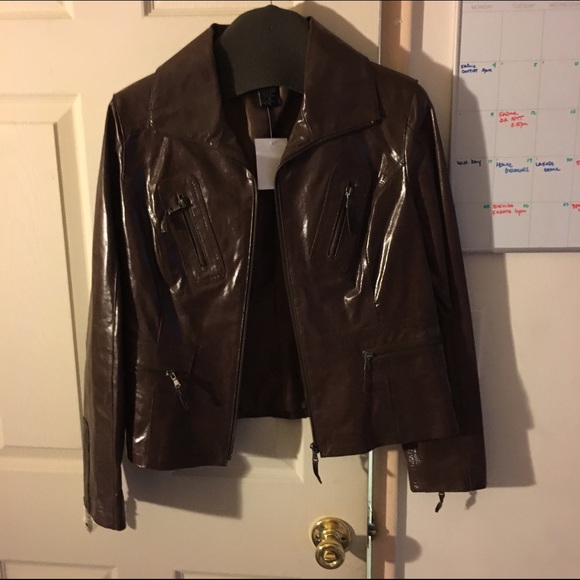 100% shiny brown leather jacket