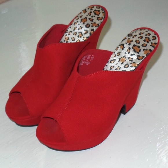 Red faux suede mules