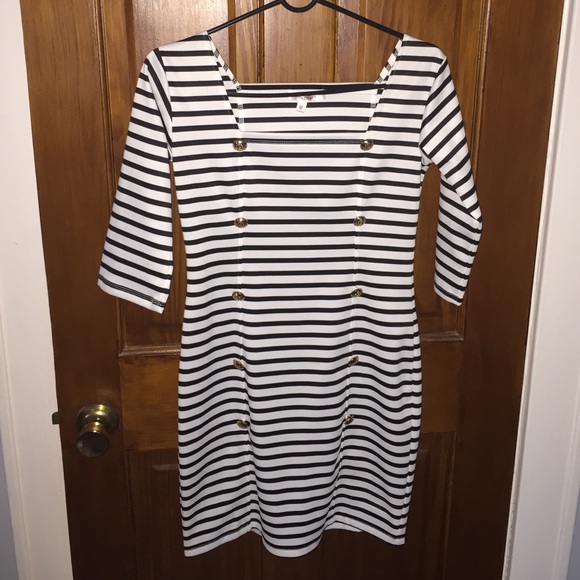 Black and White Stripe Dress w/ Gold Buttons