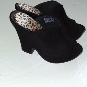 Black faux suede mules