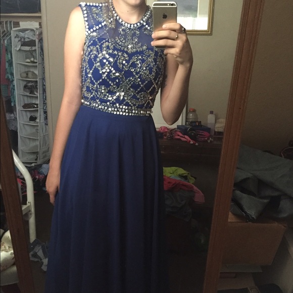 Navy Blue Beaded Cap Sleeve Gown - Picture 2 of 2