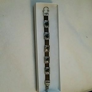 Brown leather bracelet with black heart charms